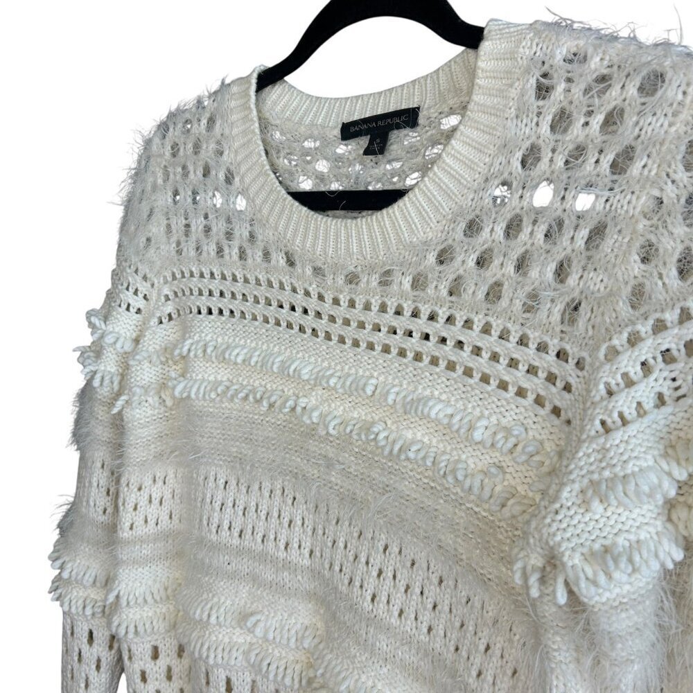 Banana Republic Ivory Sweater Eyelash Fringe Open Crochet Knit Size Small - Picture 4 of 8